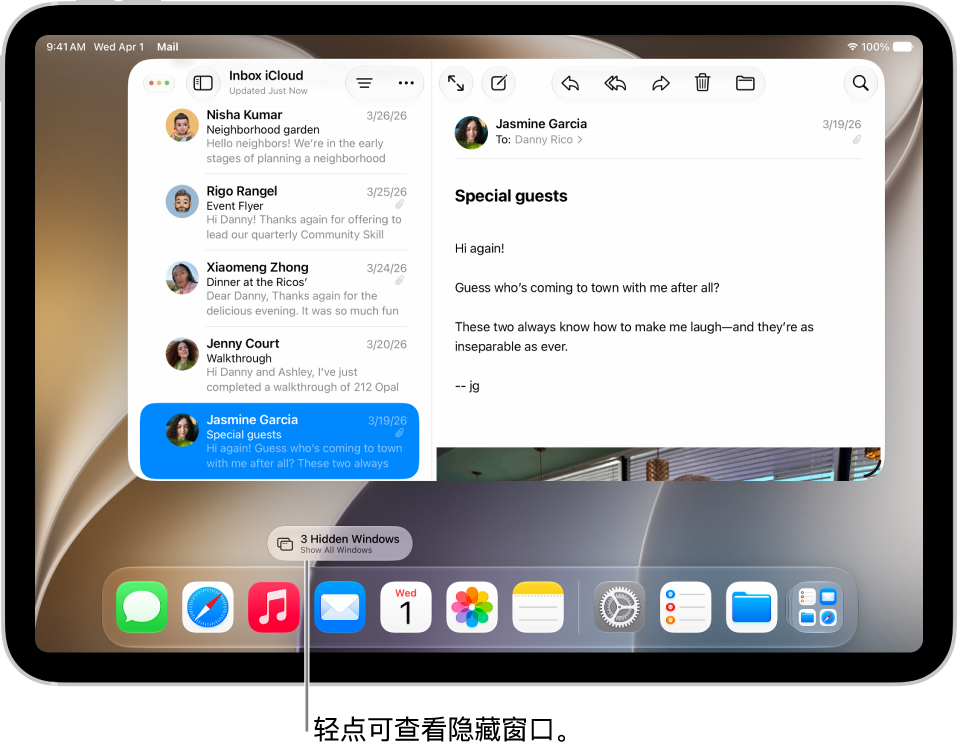 iPad 屏幕显示两个打开的 App 和药丸形状的“显示所有窗口”按钮，轻点该按钮会显示目标 App 中所有打开的窗口。