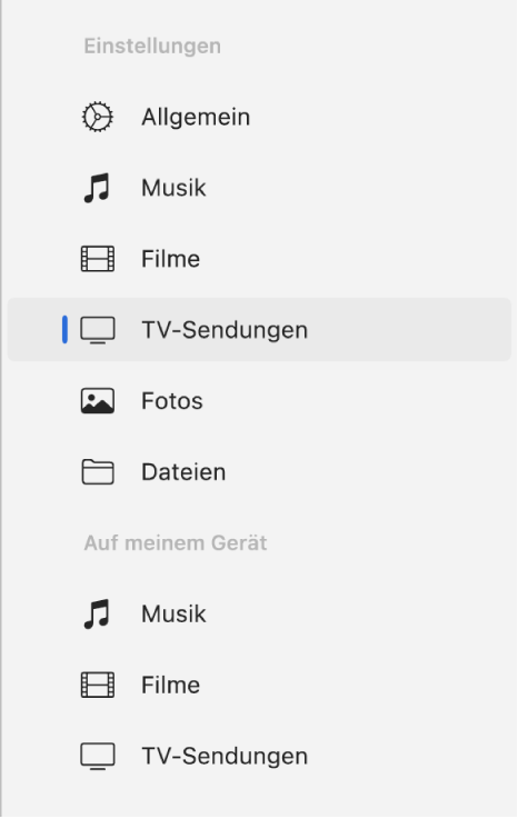 Die Seitenleiste mit der ausgewählten Taste „TV-Sendungen“