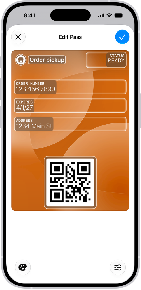 Uma tela do app Carteira mostrando um tíquete personalizado com campos editáveis.