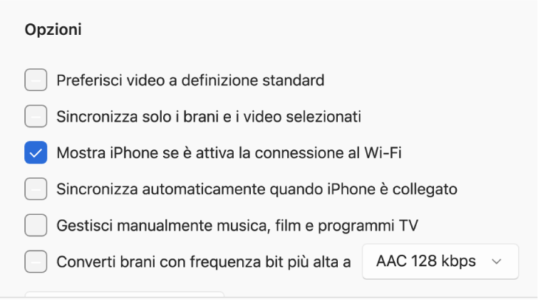 Le opzioni di sincronizzazione per la gestione dei contenuti.