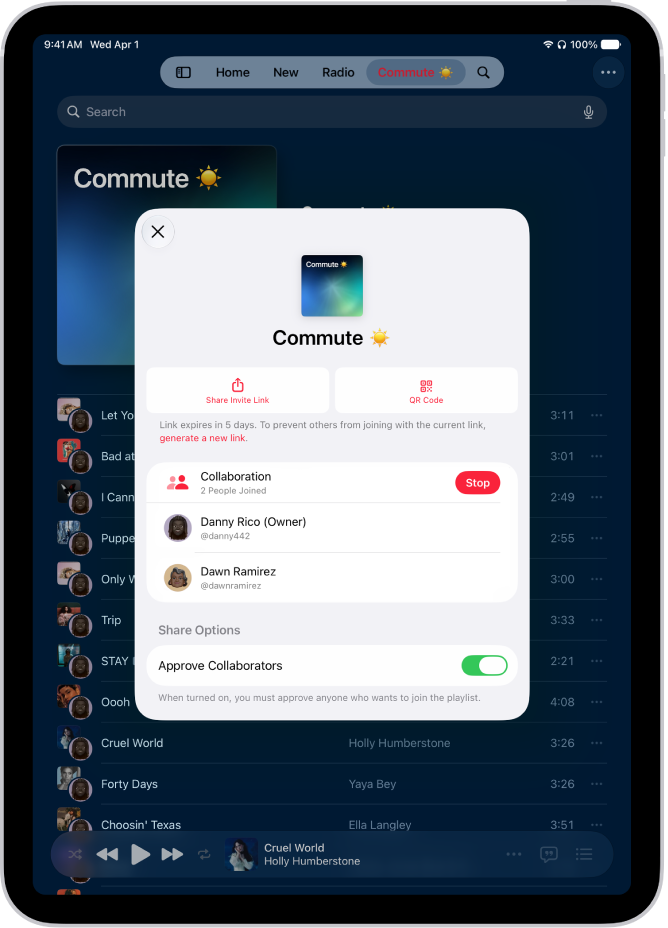 “音乐” App 中的“管理协作”屏幕。