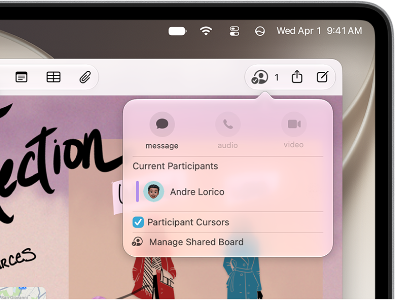 The Freeform app showing the collaboration pop-up menu with one other participant.