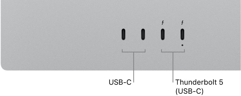 A close-up of the back of Studio Display XDR showing two USB-C ports and two Thunderbolt 5 (USB-C) ports.