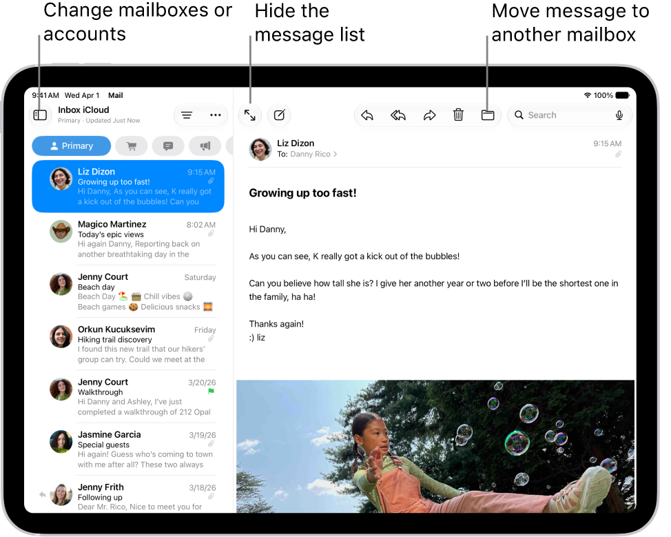 The Mail Inbox, with the list of emails on the left and an open email on the right.
