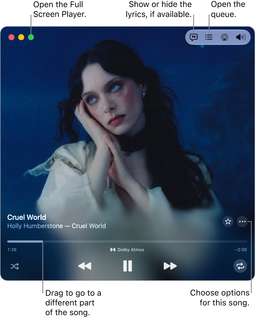 Expanded Mini Player showing the controls for the song that’s playing. There are window controls in the top-left corner, used to open and close the Full Screen Player. The main part of the window shows the album artwork for the song that’s playing. Below the artwork is a slider to move to a different part of the song. Buttons to adjust the volume, show lyrics and open the queue are at the top.
