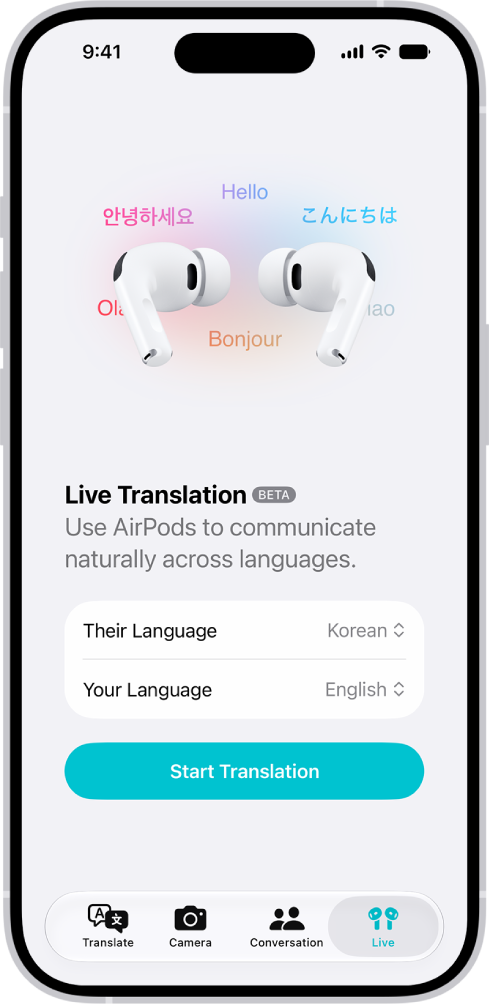 The Translate app on iPhone showing the Live Translation screen. The screen shows two pop-up menus for choosing the other person’s language and your language, and a button to start Live Translation.