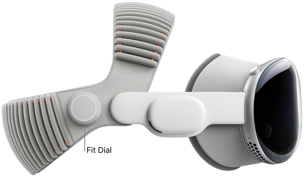 Apple&nbsp;Vision&nbsp;Pro with the Dual Knit Band attached. The Fit Dial is on the right side of the Dual Knit Band.