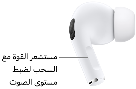 موقع مستشعر القوة مع السحب لضبط مستوى الصوت على AirPods&nbsp;Pro&nbsp;2، على ساق كلتا سماعتي AirPods.