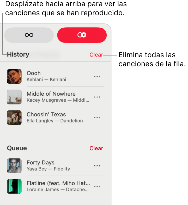 La cola está visible en la esquina superior derecha de Apple&nbsp;Music. Aparecen las secciones Historial y Cola.
