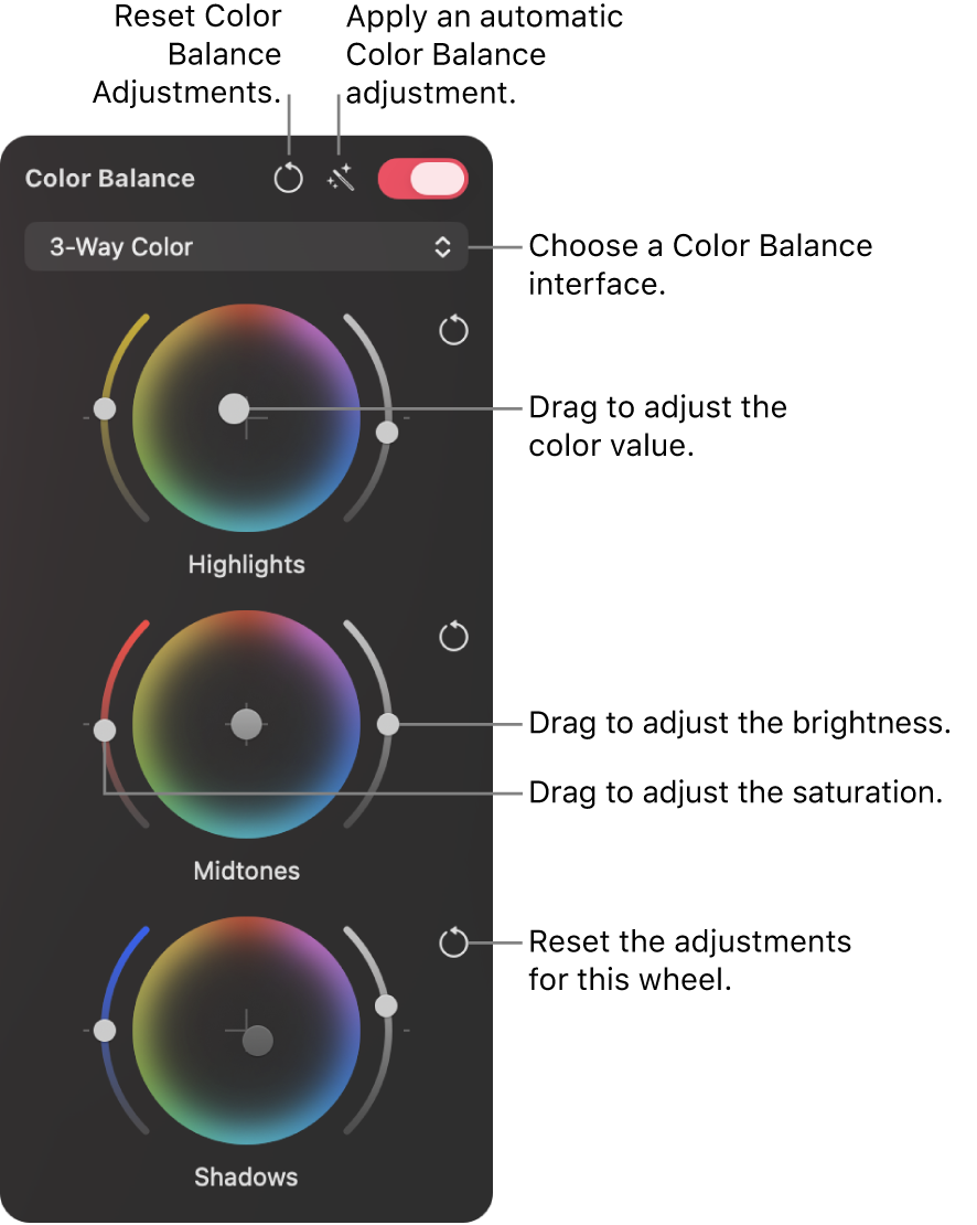 Color balance 3-Way Color interface for color balancing an image.
