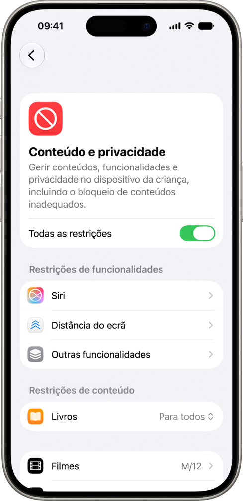 O ecrã “Conteúdo e privacidade” em Tempo de ecrã a mostrar opções para “Restrições de funcionalidades e conteúdos”.