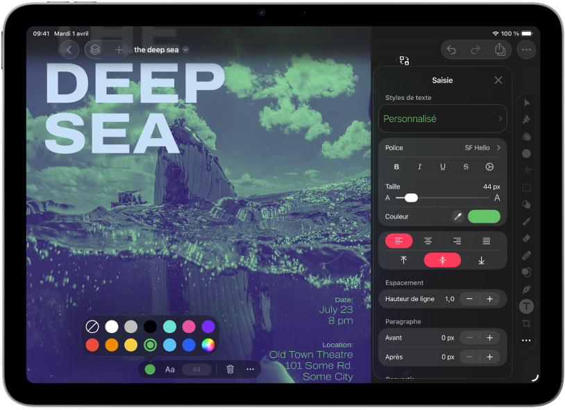 Interface de l’app Pixelmator&nbsp;Pro avec une disposition ouverte.