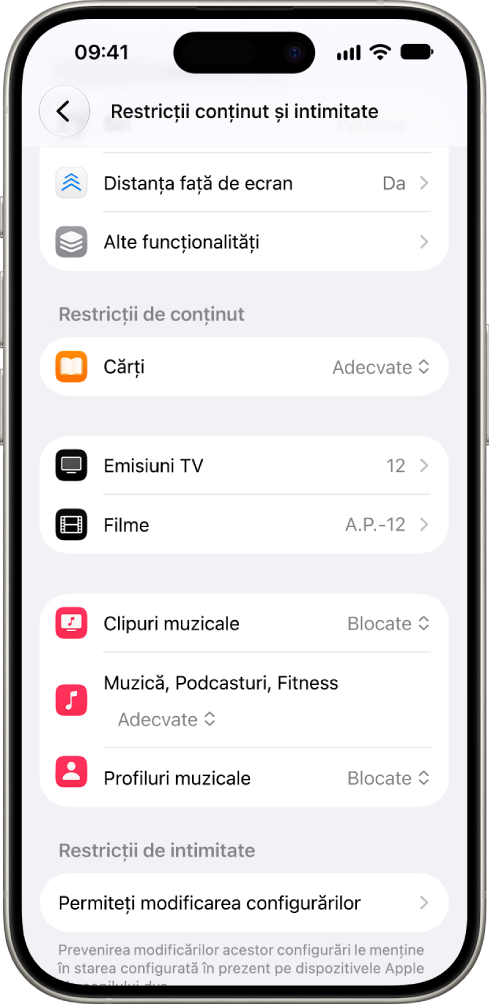 Ecranul „Restricții conținut și intimitate” din configurările Timp de utilizare, afișând opțiuni pentru restricțiile de conținut în locuri precum Cărți, Filme și altele.