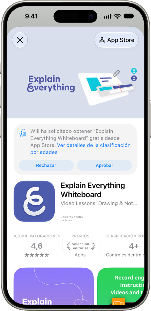 Solicitud de un hijo o hija para descargar una app nueva en App&nbsp;Store.