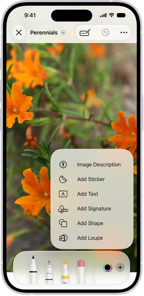 The Markup toolbar is open at the bottom of a note in the Notes app and the Add button in the bottom-right corner of the screen is selected. The following options are available in the Add menu: Add Sticker, Add Text, Add Signature, and Add Shape.