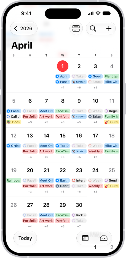 A calendar in Month view showing events and reminders.