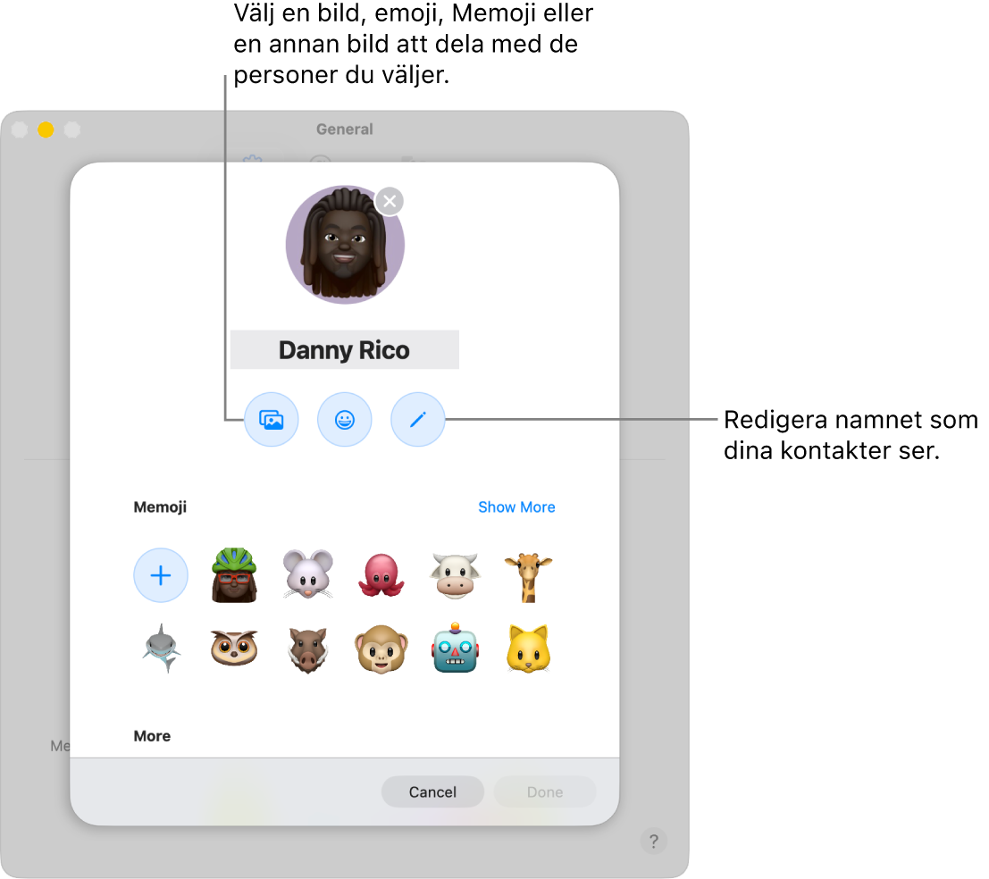 Dialogrutan för namn- och bilddelning visar alternativ för att redigera namnet som dina kontakter ser och välja en bild, emoji, Memoji eller annan bild.