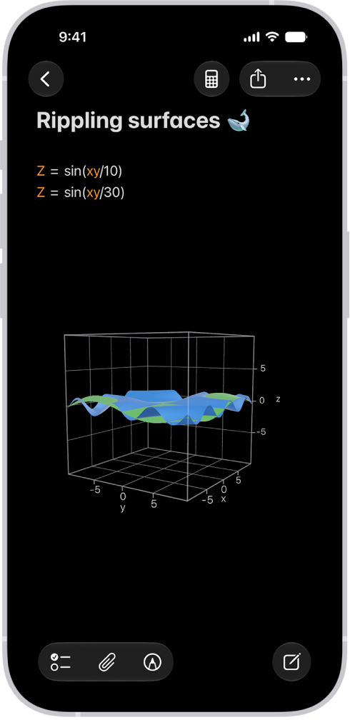 „Mathematische Notizen“ in „Rechner“ auf dem iPhone zeigen zwei sich überschneidende 3D-Graphen an derselben Stelle an.