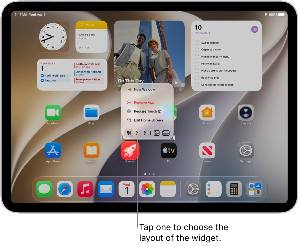 A Home Screen showing an app pop-up menu being used to transform an app icon into a widget for the app.