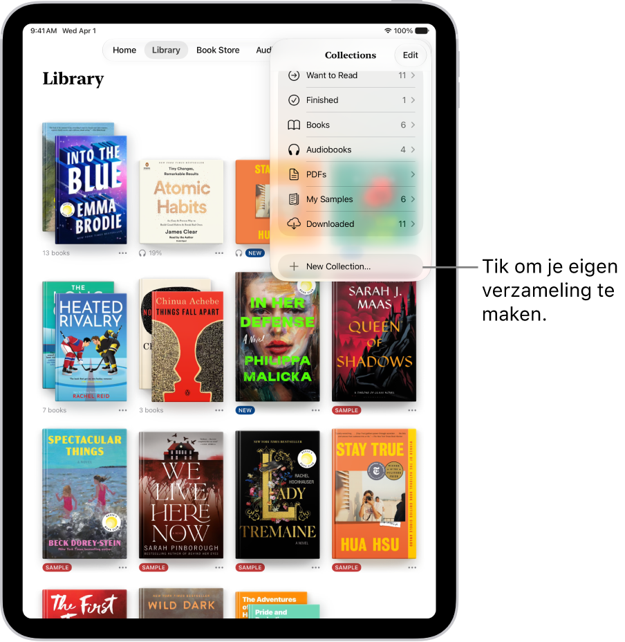 Het scherm 'Bibliotheek' in de Boeken-app. Boven in het scherm is het menu 'Verzamelingen' geopend, met daarin opties zoals 'Audioboeken' en 'Pdf's'.