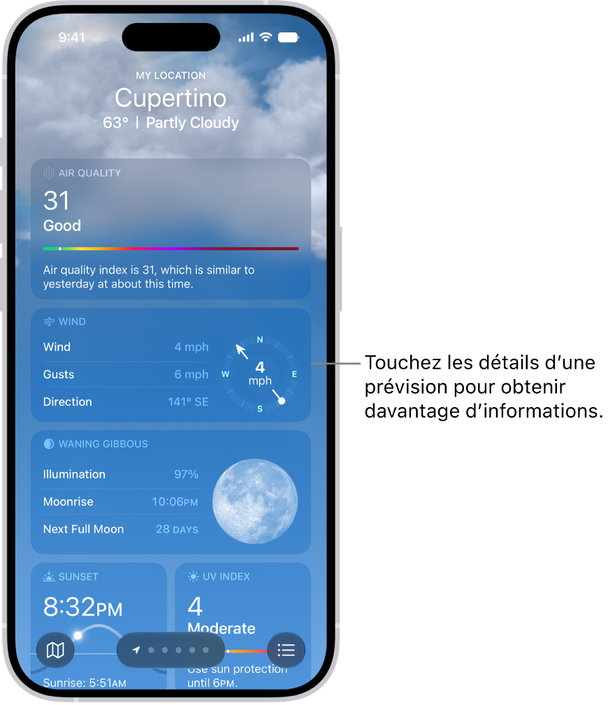 L’app Météo affichant des informations sur la météo d’un lieu.