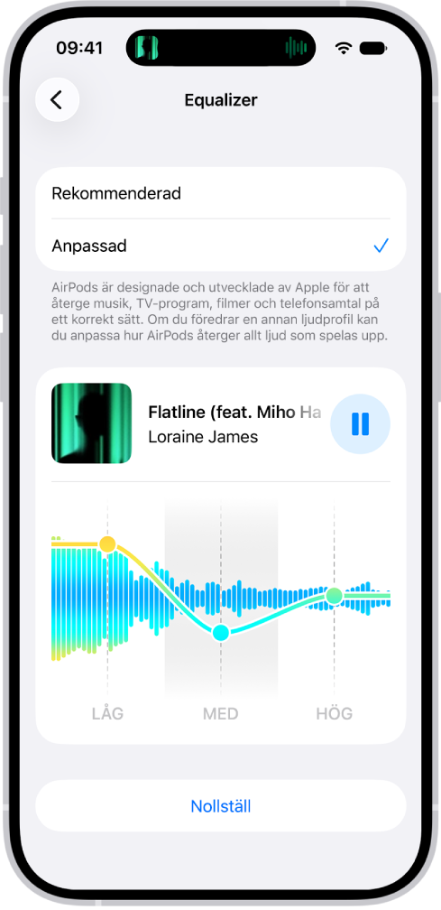iPhone-skärm som visar att Equalizer är inställd på Anpassad med reglagen Låg, Mellan och Hög under.