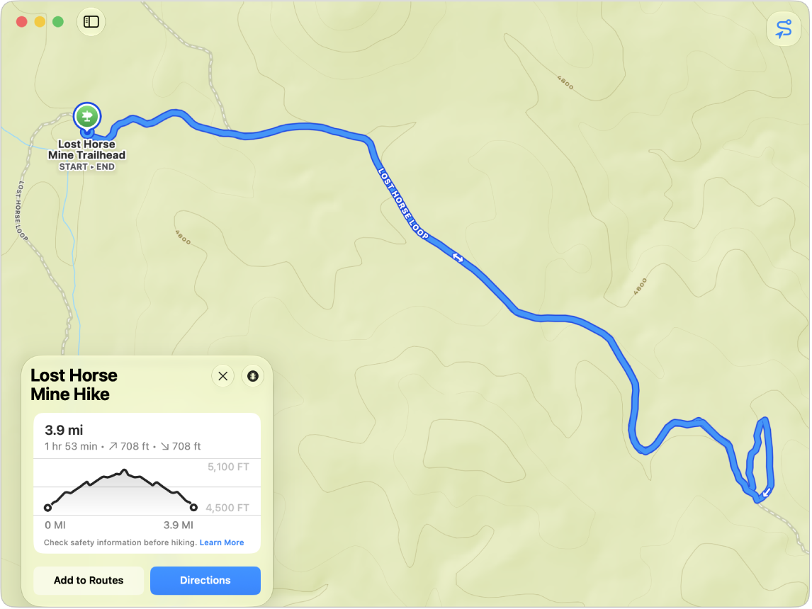 A hiking map, showing its length (in distance and time) and elevation gain and loss.