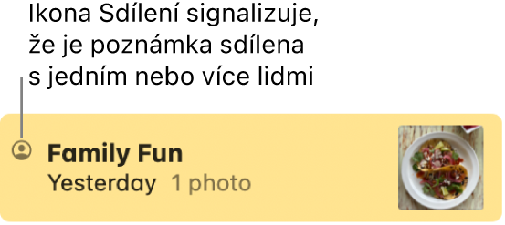 Poznámka sdílená s&nbsp;dalšími uživateli označená ikonou Sdílení před názvem poznámky.