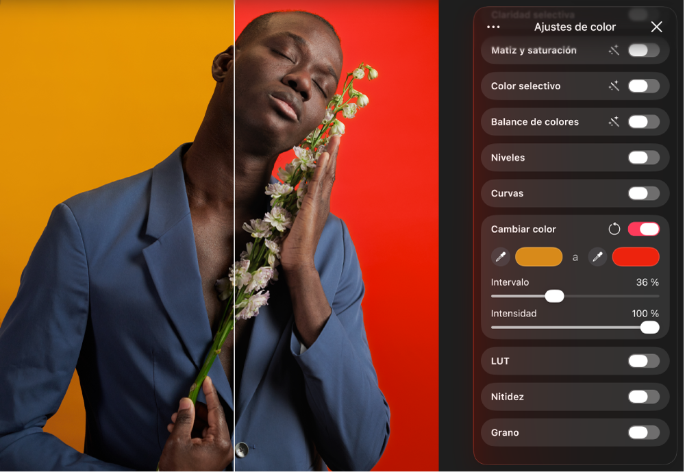 Una foto en el lienzo con el ajuste “Cambiar color” aplicado. A su lado se muestra el panel “Ajustes de color”, con los controles de “Cambiar color”.