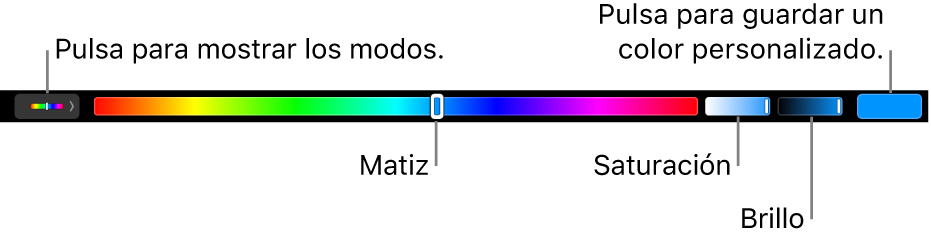 La Touch&nbsp;Bar con los reguladores de matiz, saturación y brillo para el modo HSB. En el extremo izquierdo hay un botón para mostrar todos los modos; a la derecha, el botón para guardar un color personalizado.