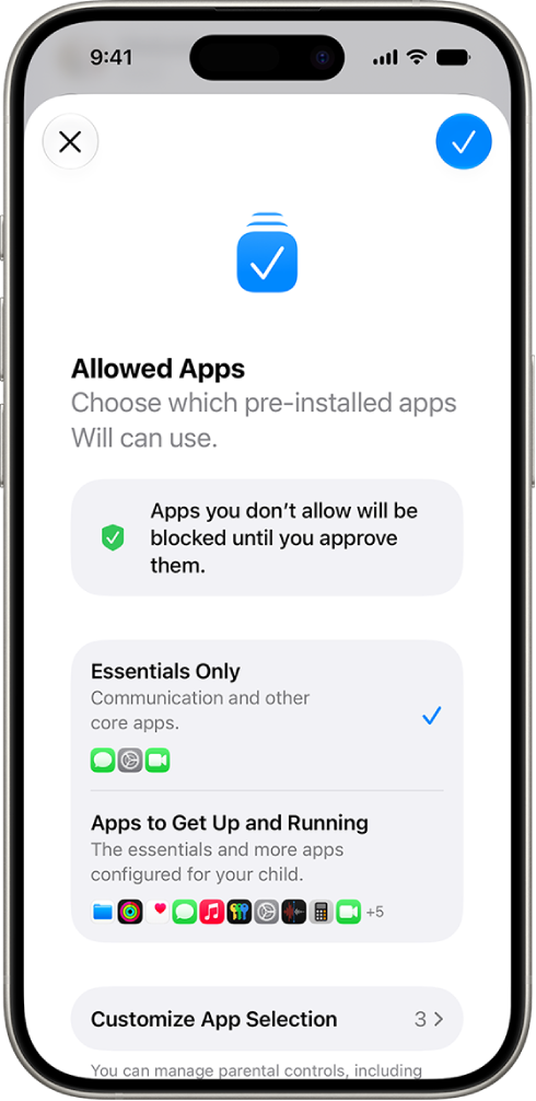 The Allowed Apps screen showing options to allow essential apps only.