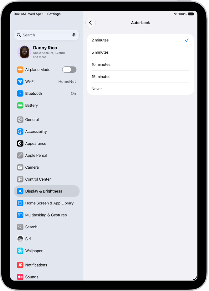 The Auto-Lock screen, with settings for the length of time before iPad automatically locks.