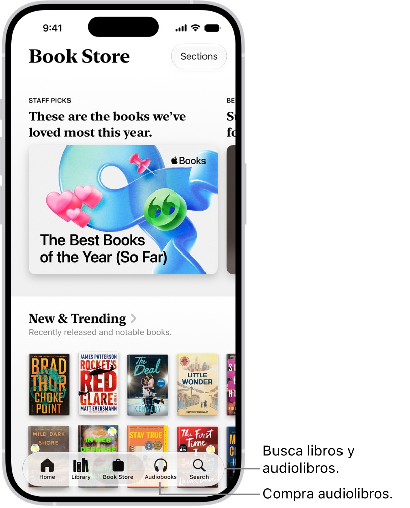 La pestaña Tienda de la app Libros. En la parte inferior de la pantalla, de izquierda a derecha, se encuentran las pestañas Inicio, Biblioteca, Tienda, Audiolibros y Buscar. La pestaña Tienda está seleccionada.