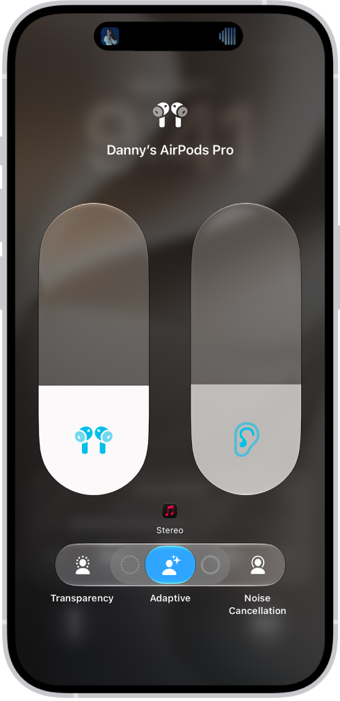 The volume screen in Control Center showing the volume level for AirPods Pro. Below the volume indicator on the left are the different listening modes—Transparency, Adaptive, and Noise Cancellation. Adaptive Audio is selected.