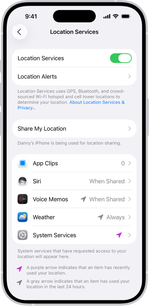 The Location Services screen, with settings to share the location of your iPhone with apps.