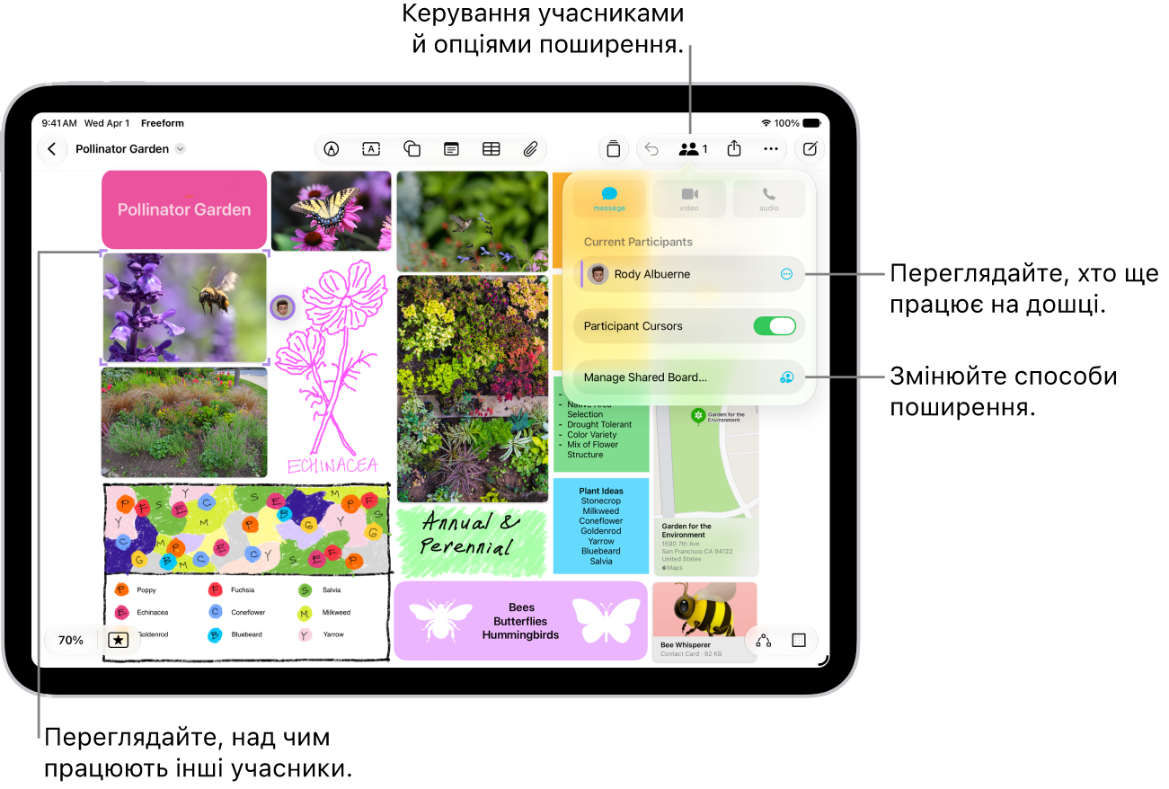 Спільна дошка Freeform на iPad з відкритим меню співпраці й місцем на дошці, у якому працюють інші учасники, позначеним кольоровими галочками.