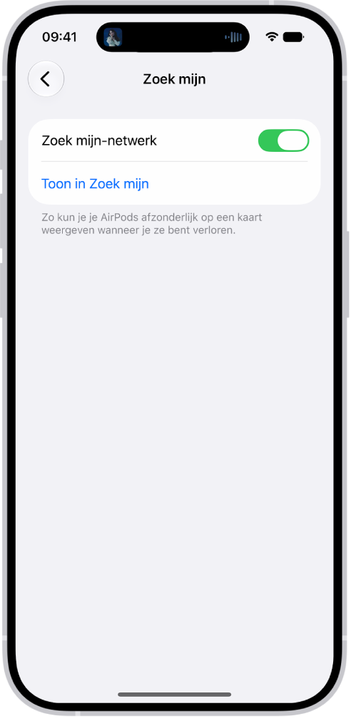 Bluetooth-instellingen op een iPhone met opties voor de AirPods&nbsp;Pro. De optie 'Zoek&nbsp;mijn-netwerk' is ingeschakeld, waardoor de locatie van de afzonderlijke AirPods op een kaart kan worden getoond wanneer ze zoek zijn.