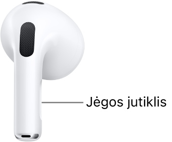 „AirPods&nbsp;3“ jėgos jutiklis yra abiejų „AirPods“ ausinių kojelėse.