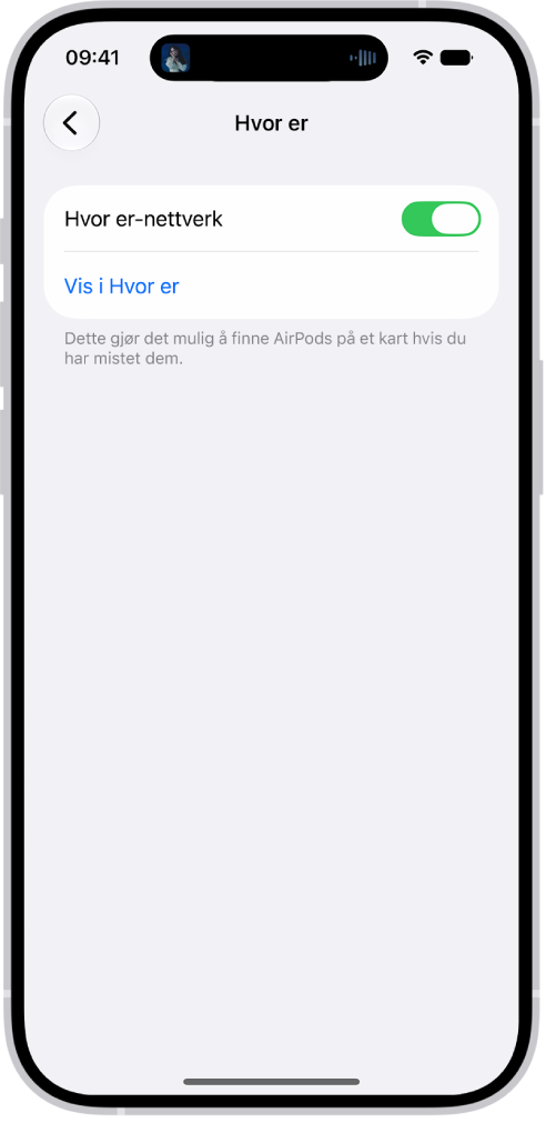 Bluetooth-innstillinger på en iPhone som viser valg for AirPods&nbsp;Pro. Valget Hvor&nbsp;er-nettverk er på, slik at du kan finne hver enkelt AirPod på et kart når du har mistet dem.