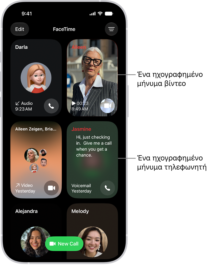 Το ιστορικό κλήσεων FaceTime όπου εμφανίζεται μια προτεινόμενη επαφή, ένα εγγεγραμμένο μήνυμα βίντεο, ένα μήνυμα τηλεφωνητή και μια ομαδική βιντεοκλήση FaceTime.