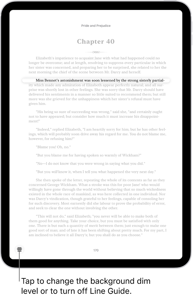 A page of a book in the Books app. A single line of text is highlighted and the rest of the text is dimmed. In the bottom-left corner of the screen is the Line Guide Menu button.