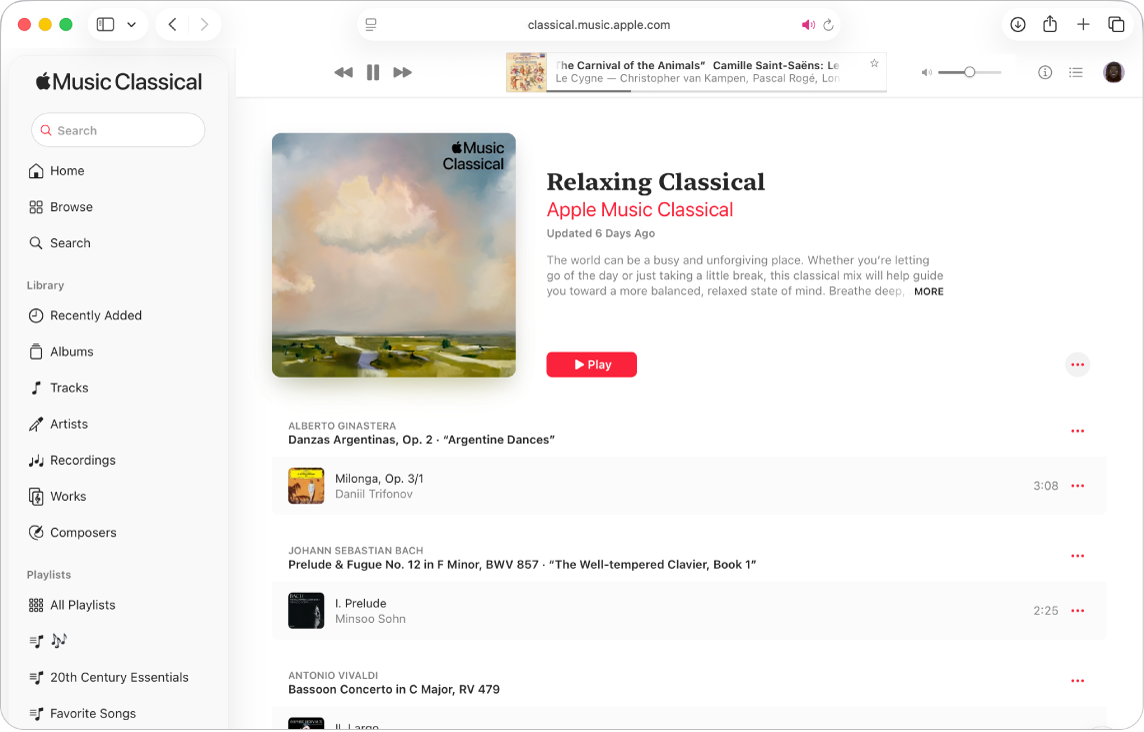 The Apple Music Classical window in Safari with a playlist showing multiple works and a track playing at the top of the screen.