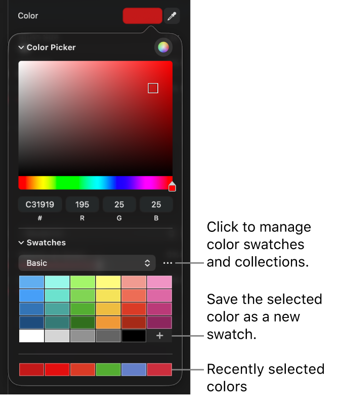 The picker showing swatches of color to select.