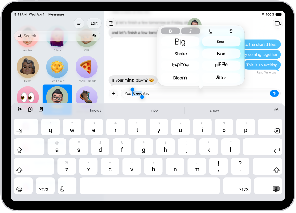 Eine Konversation in der App „Nachrichten“ zeigt ein Wort, das im Textfeld ausgewählt ist, sowie Optionen für die Formatierung und Effekte darüber. Die ausgewählte Nachricht wird mit einer Vorschau des Effekts angezeigt.