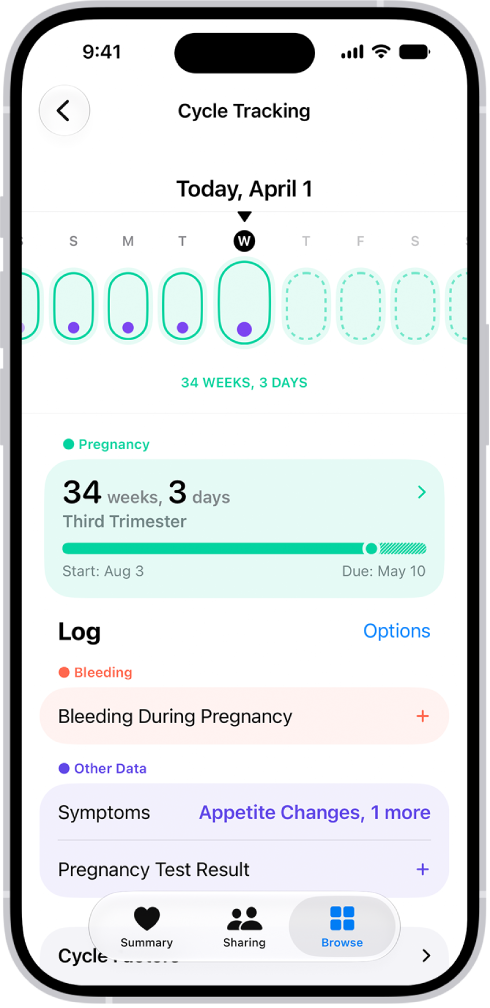 The Cycle Tracking screen with a pregnancy timeline for a week at the top of the screen. Light green ovals and purple dots mark 5 days on the timeline. Dashed light green ovals mark the other days on the timeline. Below the timeline is the pregnancy summary showing the gestational age, start date, and estimated due date. Below the pregnancy summary are options to add information about bleeding during pregnancy, symptoms, and more.