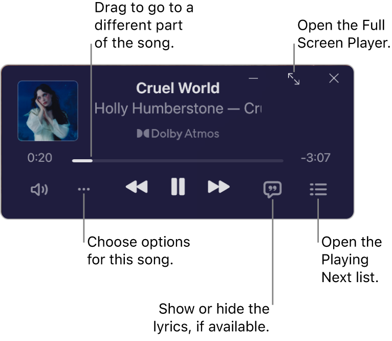 MiniPlayer showing the controls for the song that’s playing. The main part of the window shows the album artwork for the song. Below the artwork are a slider to move to a different part of the song, and buttons to adjust the volume, choose options, show lyrics, and see what’s playing next. In the top-right corner is a button to open the Full Screen Player.