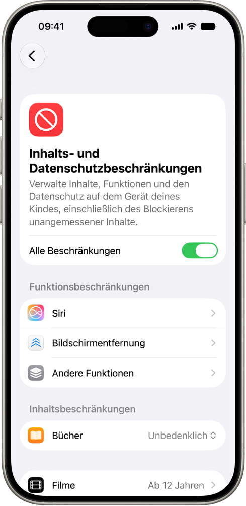 Der Bildschirm „Inhalts- und Datenschutzbeschränkungen“ in „Bildschirmzeit“ zeigt Optionen für Funktions- und Inhaltsbeschränkungen.