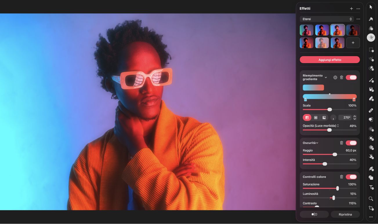 Una foto con un preset di effetti applicato e il pannello Effetti.