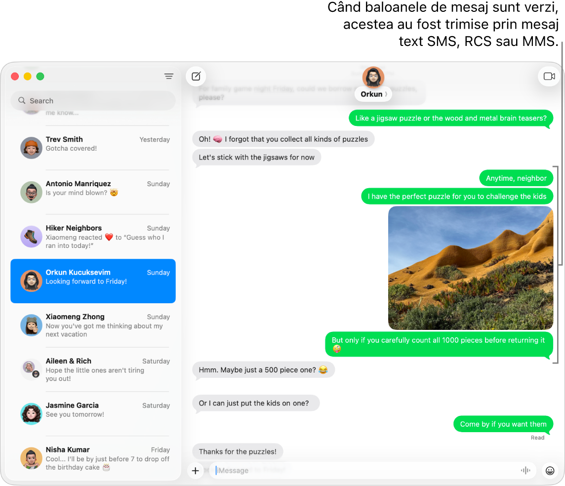 Fereastra Mesaje afișând mai multe conversații în bara laterală din stânga și o transcriere afișată în dreapta. Baloanele mesajelor sunt verzi, indicând faptul că au fost trimise ca mesaje text SMS, MMS sau RCS.