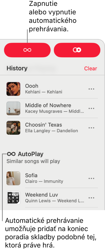 História je viditeľná v&nbsp;pravom hornom rohu Apple&nbsp;Music. Sekcia Automatické prehrávanie je tiež zobrazená.